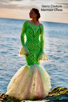 Original one of a kind hand made mermaid dress green and pink hand painted sheer knit tulle tail and bell cuff, size medium. Mermaid Fin, Gowns Black, Sheer Knit, Mermaid Dress, Green And Pink, Dress Clothes For Women, Little Mermaid, The Little Mermaid, Black Tie