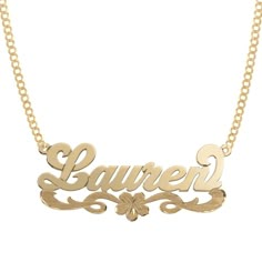 Ladies Shiny Script Name Plate Satin Flower Ribbon Necklace Real 14K Gold - bayamjewelry Name Plates Necklace Gold, Name Plate Necklace Gold, Rapunzel Quince, Gold Necklace Name, Gold Name Plate Necklace, Gold Name Plate, Custom Gold Jewelry, Necklaces Collection, Nameplate Necklace Gold