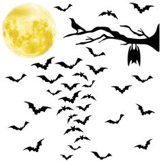 a flock of bats flying in front of a full moon