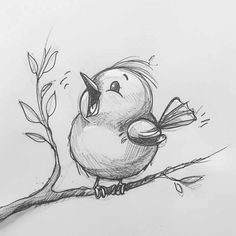 a drawing of a bird sitting on top of a tree branch with its beak open