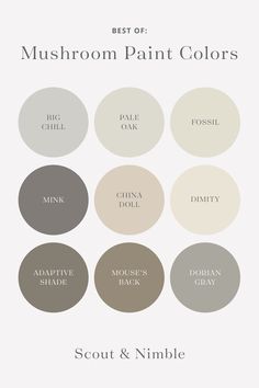 the best paint colors for your home in shades of gray, beige and white with text overlay that says best of mushroom paint colors