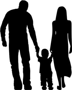 a man and woman holding hands while walking with a small child in their arms, silhouetted against a white background