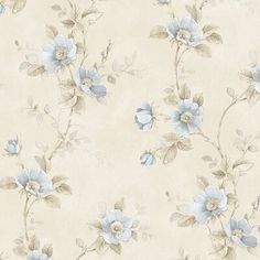 a wallpaper with blue flowers and leaves on the back ground, in beige tones