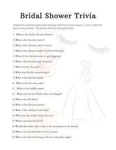 the bridal shower trivia is shown in black and white, with eyelashes on it