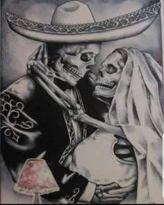 a black and white drawing of two skeletons in a mexican wedding dress with a large hat