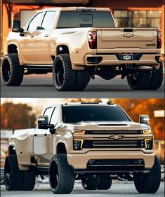 two pictures of the front and rear sides of a white truck with large tires on it