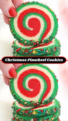 christmas pinwheel cookies are stacked on top of each other