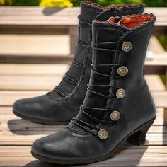 Category:Boots; Upper Materials:Faux Leather; Season:Spring   Fall,Winter; Heel Type:Kitten Heel; Gender:Women's; Toe Shape:Round Toe; Type:Booties Ankle Boots; Style:Elegant,Fashion,Casual,Vintage; Heel Height(inch):1-2; Outsole Materials:MD (Phylon); Occasion:Outdoor,Daily; Closure Type:Lace-up; Pattern:Solid Color; Listing Date:10/13/2023; 2023 Trends:Button Boots,Heel Boots,Plus Size,Brogue; Heel Height:Mid Heel Viking Halloween, Ankle Boots Winter, Steampunk Boots, Cheap Ankle Boots, Button Boots, Boots Heel, Booties Ankle Boots, Boots Style, 2023 Trends