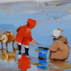 a painting of two people standing on the beach with horses and buckets in front of them