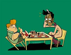 two men sitting at a table playing chess