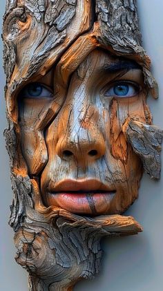 a woman's face made out of wood with blue eyes and branches on it