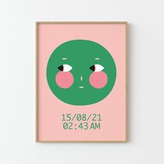 a pink and green poster with an image of a face in the center, on a white wall