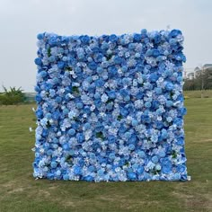 a large blue flowered wall in the middle of a field