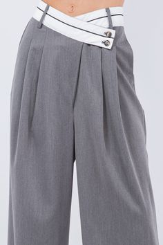 Upgrade your trouser game with our Cross Front Trouser. Featuring a unique cross button design and a crisp white waistband, these wide leg trousers add a touch of sophistication to any outfit. Say goodbye to boring trousers and hello to effortless style. Crop Top Jumpsuit, Hedda Gabler, Cotton Trousers, Design Research, Loose Pants, Crop Top Blouse, Jogger Jeans, Button Design, New Arrival Dress