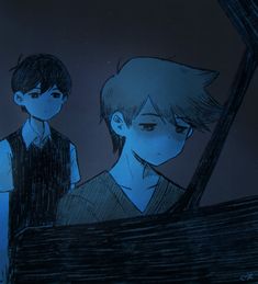 two young men standing next to each other in front of a piano keyboard at night