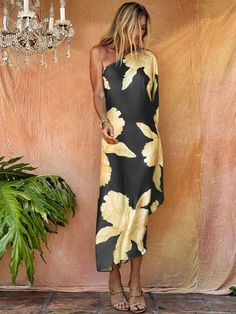 Women's Beach Floral Print One Shoulder Dress Off Shoulder Kaftan, Luxury Wear, Clothes Summer, Boho Green, Elegant Dresses For Women, Leggings Casual, Boho Print, Embroidery Dress, Women Clothes