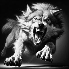 a black and white photo of a wolf with its mouth open