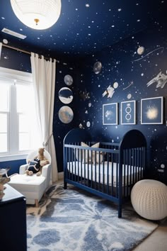 Toddler Boy Room Blue Walls, Baby Room Sea Theme, Spaceship Nursery, Baby Boy Nursery Room Design, Baby Room Design Boy, Boys Room Blue, Space Themed Room, Baby Boy Bedroom, Stylish Nursery