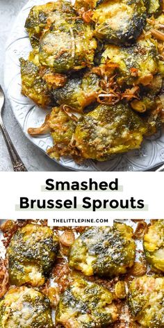 broccoli brussel sprouts on a white plate with the words smashed brussel sprouts