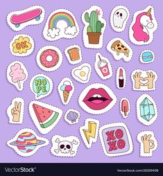 various stickers with different types of things in them on a purple background stock photo