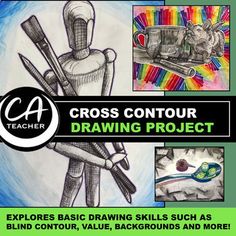 an advertisement for the cross contour drawing project, which includes pencils and crayons