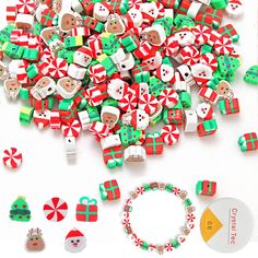 a pile of assorted christmas themed buttons and pins on a white surface with candy canes