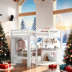 a white bunk bed sitting next to a christmas tree in a living room under a window