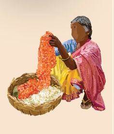 a woman sitting on the ground next to a basket filled with orange and white flowers