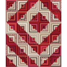 a red and white quilt with squares on it's sides, in the shape of a heart