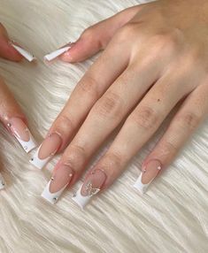 White French Tip Nails Square With Diamonds, French Pearl Nails Square, White French Tip Nails Square With Gems, White French Tip Nails With Butterfly Charm, White French Tip Nails With Bow Charm, Nails With White, Nails Design With Rhinestones, Casual Nails