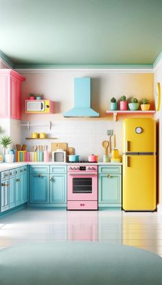 a colorful kitchen with an oven, refrigerator and stove top range in pastel colors