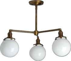 three light brass chandelier with white glass globes hanging from an adjustable ceiling fixture