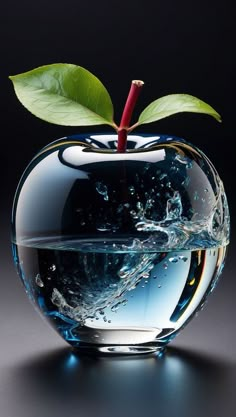 an apple with water and a leaf in it