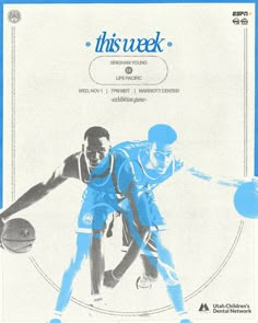 an advertisement for the basketball team with two men in blue uniforms and one is holding a basketball