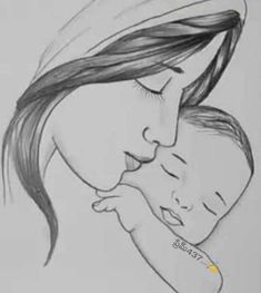 a drawing of a woman holding a baby in her arms, with the word love written on