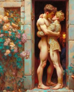 a painting of two men embracing each other in front of a doorway with flowers on either side