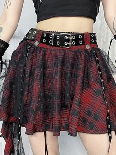 Mesh patchwork, Ruffled mini skirt, Material: polyester spandex Color: Red plaid Size: S, M, L Unit: CM Waist Length S 68 34 M 72 35 L 78 36 * 1cm ≈ 0.3937 inchNote: There may be 2-3cm error due to manual measurement. If you need size help, please drop us a message. Contact us at info@cutiekillshop.com for any questions or concerns. We will do our best to help you out. Scene Skirts, Red Goth Outfits, Red And Black Skirt, Clown Birthday, Fire Mage, Punk Plaid, Red Goth, Goth Skirt, Layered Mini Skirt