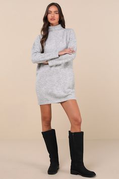 Prepare to be the cutest (and warmest) babe of the season in the Lulus Positively Charming Heather Grey Turtleneck Mini Sweater Dress! Soft brushed sweater knit (with a subtle heathered effect throughout) shapes this cozy dress that features a chic turtleneck framed by long sleeves with drop shoulders. The relaxed, shift silhouette boasts a front patch pocket before it falls to a cute mini hem that pairs perfectly with your favorite knee-high boots. Ribbed knit accents the neckline, cuffs, and hem. Fit: This garment fits true to size. Length: Mid-thigh. Size medium measures 32.75" from shoulder to hem. Bust: Great for any cup size. Waist: Not Fitted - comfortable room throughout midsection. Hip: Not Fitted - room for hips. Undergarments: May be worn with any standard bra. Fabric: Fabric is Cozy Long Sleeve Textured Sweater Dress, Cozy Textured Knit Long Sleeve Sweater Dress, Soft Knit Long Sleeve Winter Dress, Winter Soft Knit Long Sleeve Dress, Winter Textured Knit Crew Neck Sweater Dress, Cozy Long Sleeve Soft Knit Dress, Long Sleeve Soft Knit Sweater Dress For Winter, Casual Soft Knit Long Sleeve Sweater Dress, Cozy Soft Knit Long Sleeve Dress