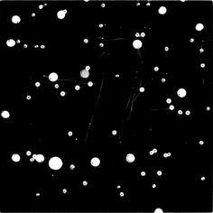 black and white photograph of snow flakes in the night sky, taken from below