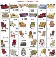 the upholstery yardage guide is full of chairs and couches for sale