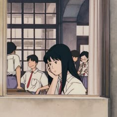 a group of people standing in front of a window looking out at another person wearing a tie