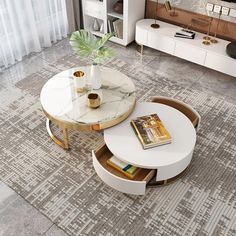 a living room with a coffee table and two end tables on the carpeted floor