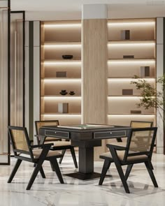 a dining table with four chairs around it in front of a bookshelf filled with shelves