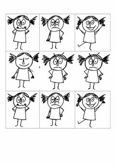 the steps to draw children's faces in black and white, each with different expressions