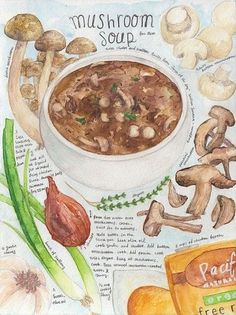 a painting of mushrooms and soup in a bowl