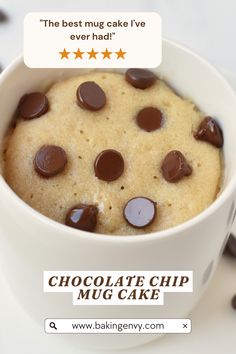 Indulge in the ultimate chocolate chip mug cake with a fluffy texture and gooey chocolate chips, ready in minutes.