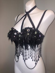 "This design is made to order in your size. Please check the \"RUSH ITEMS\", \"PREMADES/Ready to Ship\" and \"Clearance PREMADE items\" sections to see if any are premade and ready to ship out quickly. Black beaded fringe may differ from the ones in the pictures as my vendors sometimes do not restock the same items. Please message me to see what's currently available. SIZING: IF YOUR BRA SIZE ISN'T LISTED IN THE DROP DOWN MENU, PLEASE MESSAGE ME TO PLACE AN ORDER! All CUSTOM SIZE listings are ma Seashell Bra, Bling Bra, Gothic Victorian Dresses, Rave Outfits Edc, Ariel Costumes, Badass Outfit, Mermaid Halloween, Black Mermaid