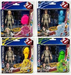 three action figures of the ghostbuster series are shown in four different packagings