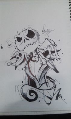 a drawing of a skeleton riding a scooter with a skull on it's back