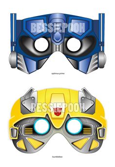 the front and back views of an opttroid mask with blue, yellow and gray colors